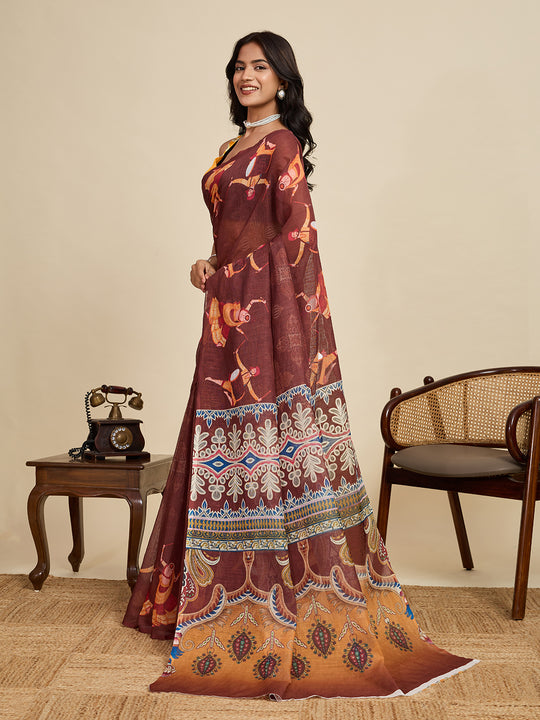 Maroon Linen Saree With Jari Border All Over Single Colour Printed Saree With Blouse Piece