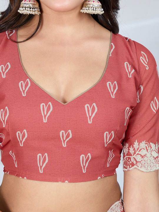 Poly Georgette Geometric Print Saree With Embroidery And Scaloping Work With Unstitched Blouse Piece