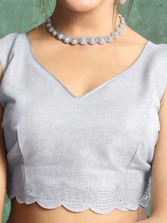 Pure Georgette Solid Embroidered Saree With Scalloping And Fancy Blouse