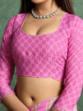 Poly Chiffon Leheriya Printed Saree With A Floral Touch And Swaroski Work With Scalloping
