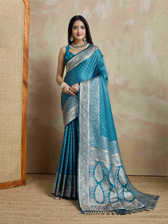 Blue Pure Satin Banarasi Saree With Tassels Saree With Blouse Piece