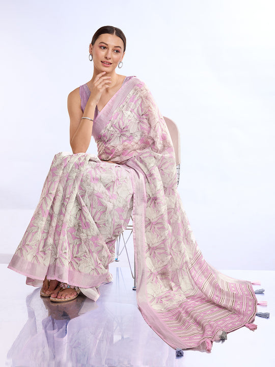 Pink Linen Blend Saree With Blouse Piece