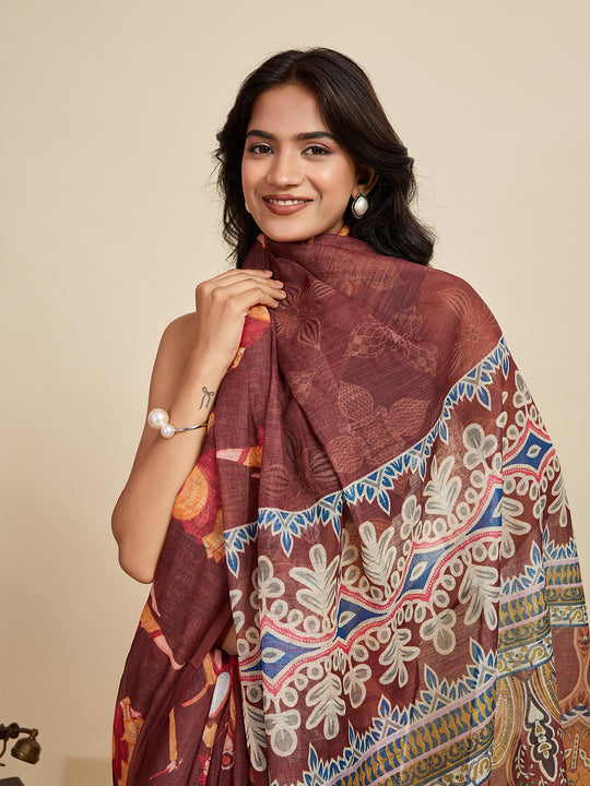 Maroon Linen Saree With Jari Border All Over Single Colour Printed Saree With Blouse Piece