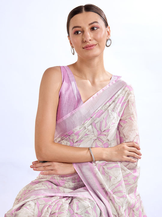 Pink Linen Blend Saree With Blouse Piece