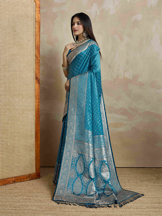 Blue Pure Satin Banarasi Saree With Tassels Saree With Blouse Piece