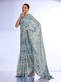 Teal Linen Blend Saree With Blouse Piece