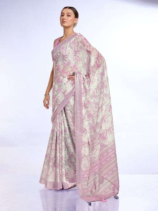 Pink Linen Blend Saree With Blouse Piece