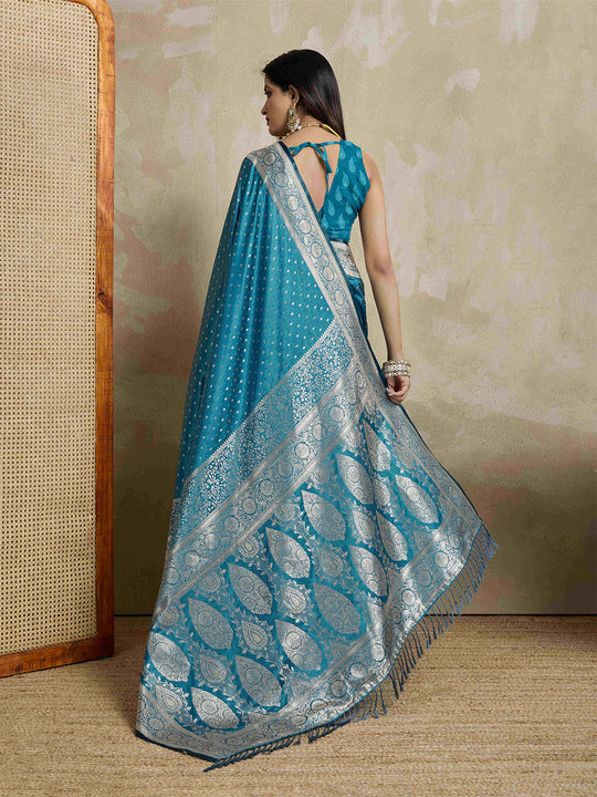 Blue Pure Satin Banarasi Saree With Tassels Saree With Blouse Piece