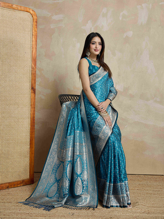 Blue Pure Satin Banarasi Saree With Tassels Saree With Blouse Piece