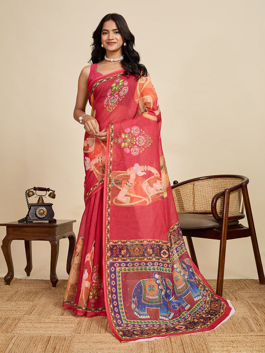 Red Linen Saree With Jari Border All Over Single Colour Printed Saree With Blouse Piece