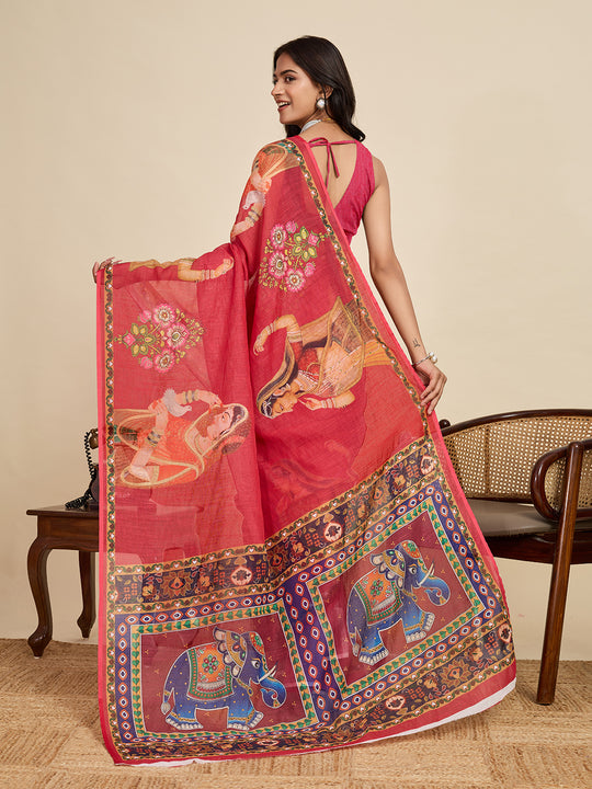 Red Linen Saree With Jari Border All Over Single Colour Printed Saree With Blouse Piece