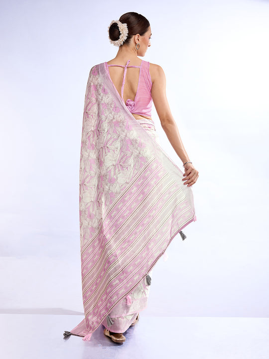 Pink Linen Blend Saree With Blouse Piece