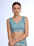 Teal Linen Blend Saree With Blouse Piece