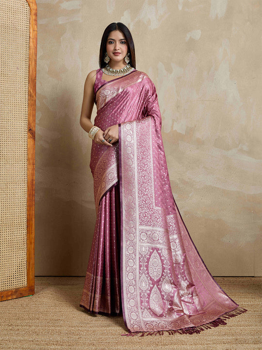 Onion-Pink Pure Satin Banarasi Saree With Tassels Saree With Blouse Piece