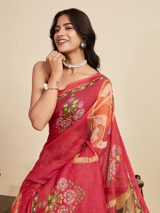 Red Linen Saree With Jari Border All Over Single Colour Printed Saree With Blouse Piece