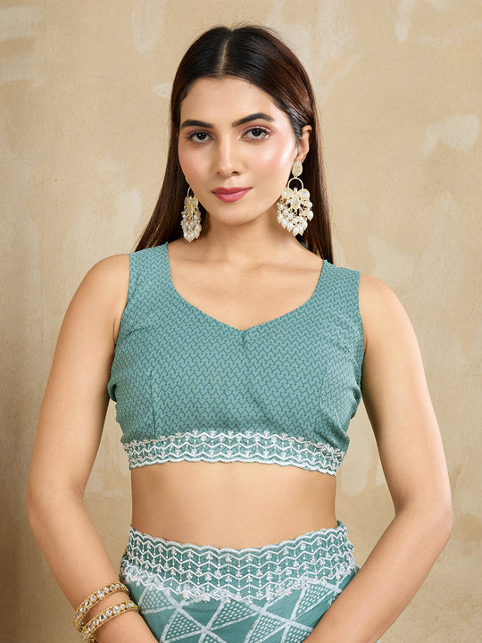 Poly Georgette Geometric Printed Saree With Embroidered Border And Blouse Piece