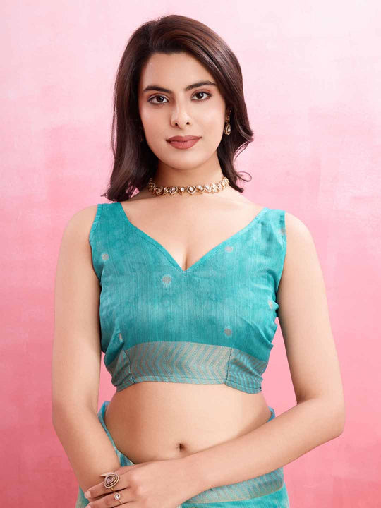 Blue Cotton Banarasi Woven Rich Pallu Printed Saree With Blouse Piece