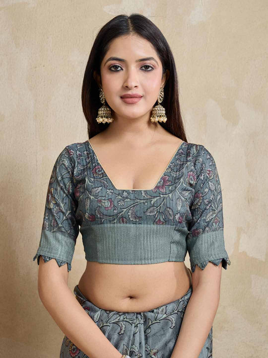 Grey Pure Handloom Tussar Woven Pallu Ajrakh Printed With Blouse Piece