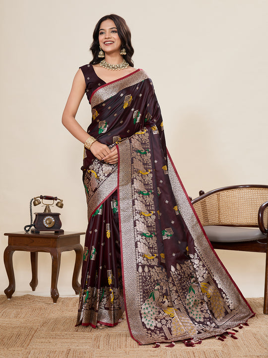 Maroon Soft Silk Sarees Premium Two Tone Satin Fabric With Unique Pathani Type Designs Saree With Blouse Piece