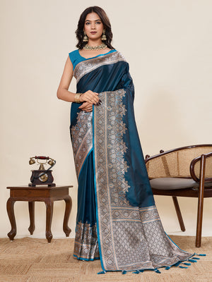 Teal Pure Satin Silk Gala Border Concept Weaved With Jari And Minakari Rich Pallu Saree With Blouse Piece