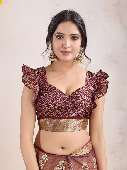 Brown Poly Crepe Festive Wear Saree With Blouse Piece