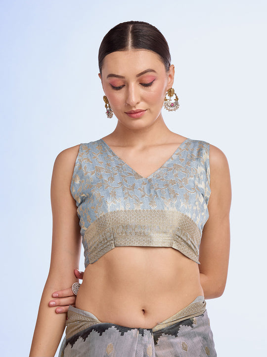 Grey Cotton Blend Saree With Blouse Piece