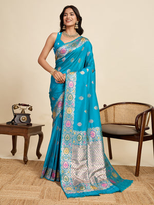 Cyan Blue Pure Jacquard Fabrics With Sona Chandi Pure Zari Work Saree With Blouse Piece