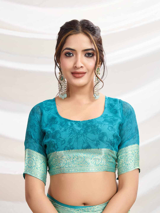 Light Green Silk Chiffon Viscose Border Floral Printed Saree Saree With Blouse Piece