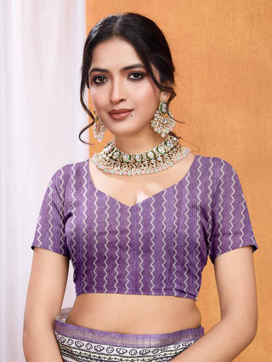 Purple Pure Tussar Silk Ajrakh Block Printed With Blouse Piece