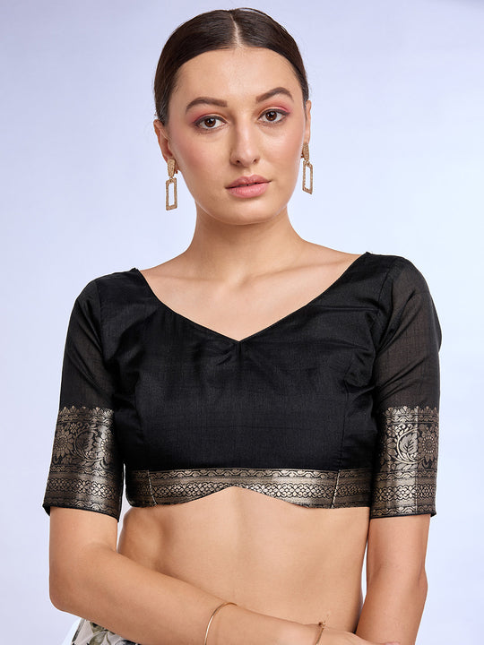 White & Black Dola Silk Saree With Blouse Piece