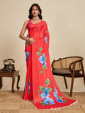 Red Chinon Saree All Over Single Colour Printed Saree With Blouse Piece