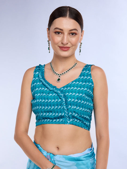 Blue Satin Saree With Blouse Piece