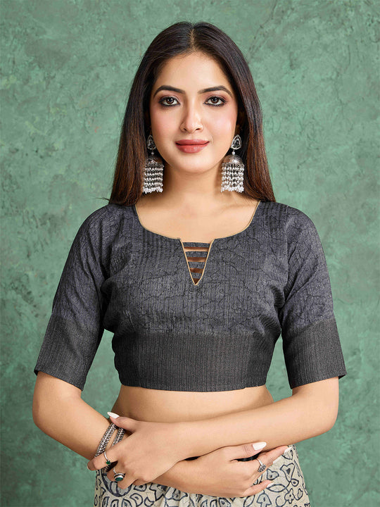 Milkywhite Pure Handloom Tussar Woven Pallu Ajrakh Printed With Blouse Piece