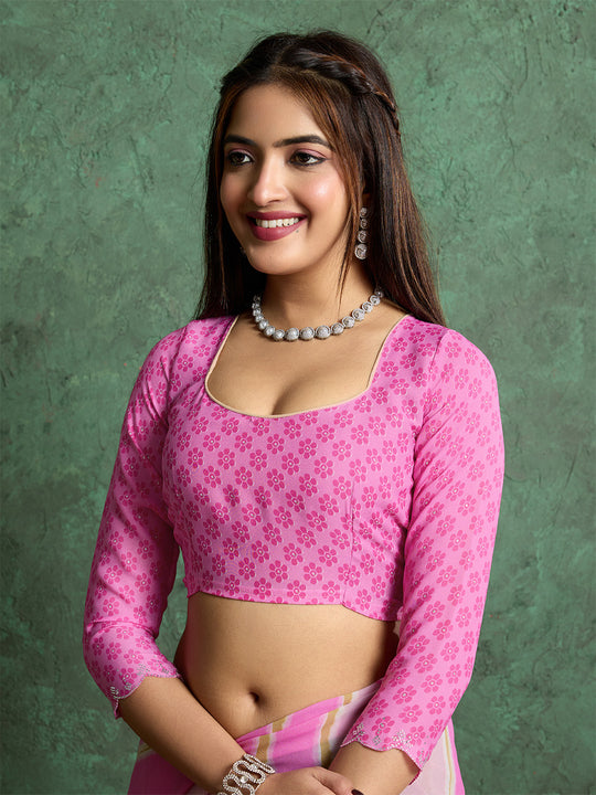 Poly Chiffon Leheriya Printed Saree With A Floral Touch And Swaroski Work With Scalloping