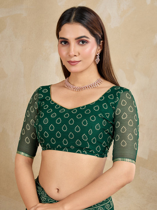 Pure Chiffon Bandhani Printed Saree With Viscose Woven Border And Blouse Piece