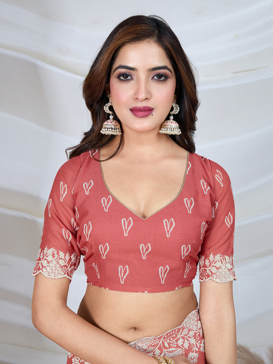 Poly Georgette Geometric Print Saree With Embroidery And Scaloping Work With Unstitched Blouse Piece