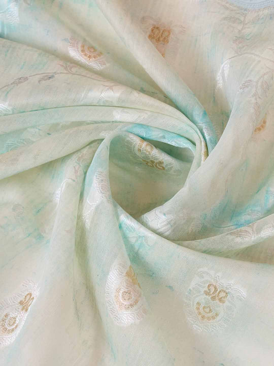 Seagreen Pure Cotton Lucknowi Woven Banarasi Saree With Ombre Floral Prints