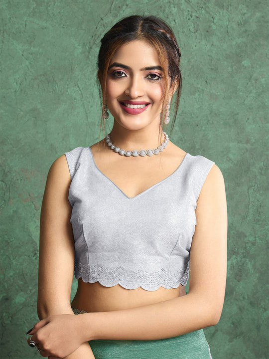 Pure Georgette Solid Embroidered Saree With Scalloping And Fancy Blouse