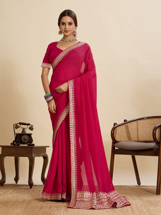 Maroon Vichitra Soft Silk Saree With Blouse Piece