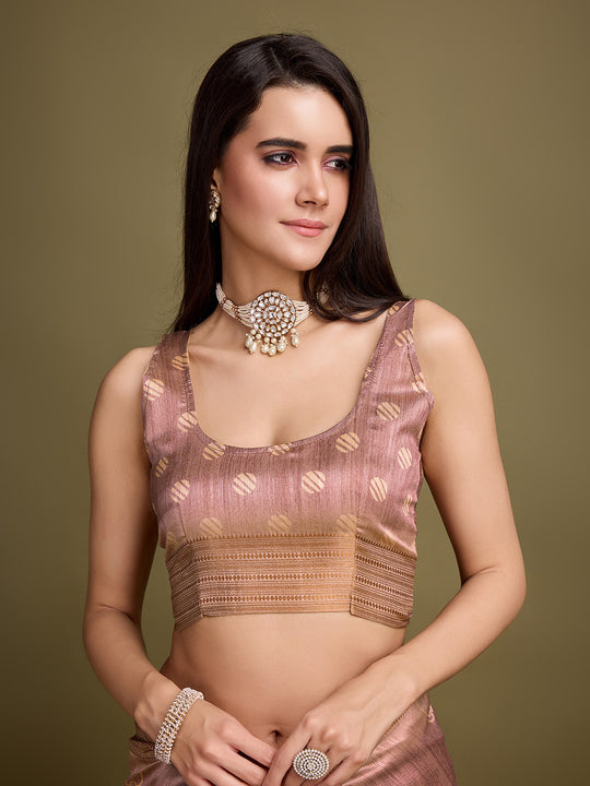 Peach Silk Blend Saree With Blouse Piece