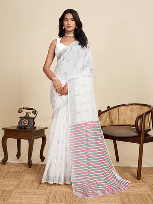 White Linen Saree With Jari Border All Over Single Colour Printed Saree With Blouse Piece