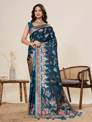 Teal Soft Silk Sarees Premium Two Tone Satin Fabric With Unique Pathani Type Designs Saree With Blouse Piece