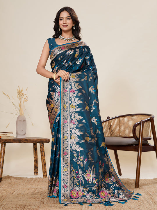Teal Soft Silk Sarees Premium Two Tone Satin Fabric With Unique Pathani Type Designs Saree With Blouse Piece