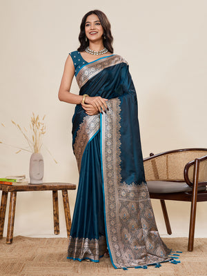 Teal Pure Satin Silk Gala Border Concept Weaved With Jari And Minakari Rich Pallu Saree With Blouse Piece