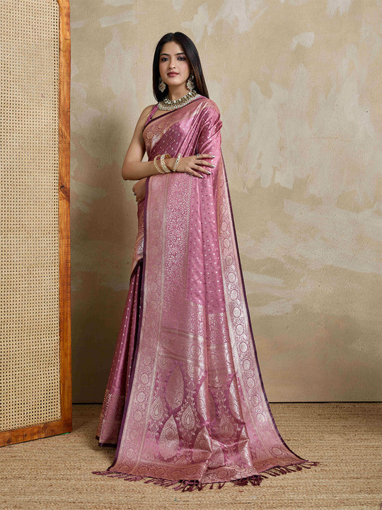 Onion-Pink Pure Satin Banarasi Saree With Tassels Saree With Blouse Piece