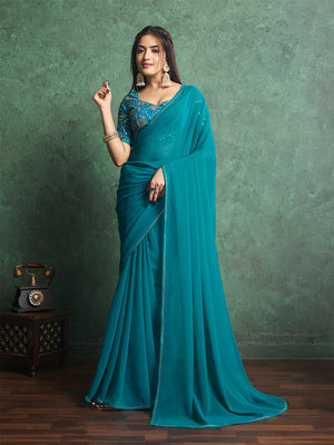 Poly Chiffon Dyed Saree With Heavy Embroidered Blouse Piece