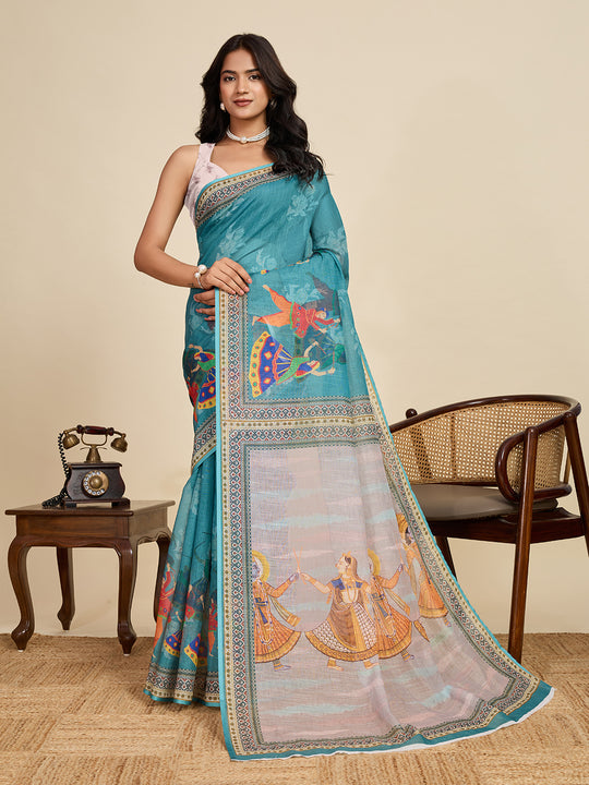 Sea Green Linen Saree With Jari Border All Over Single Colour Printed Saree With Blouse Piece