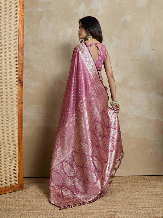 Onion-Pink Pure Satin Banarasi Saree With Tassels Saree With Blouse Piece