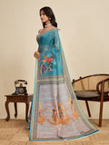 Sea Green Linen Saree With Jari Border All Over Single Colour Printed Saree With Blouse Piece
