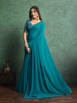 Poly Chiffon Dyed Saree With Heavy Embroidered Blouse Piece